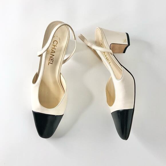Chanel Interlocking CC Beige Glazed Calfskin Cap Toe Slingback Heeled Pumps 39 - Picture 1 of 14